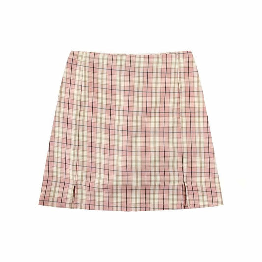 Koreansk split mini plaid nederdel med shorts