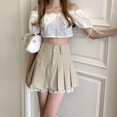 Korean Pleated Skirt Beige Lace Trim