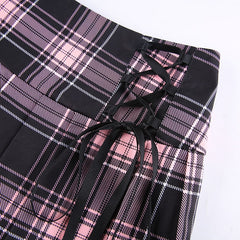 Dollette Goth Pink Plaid plisseret nederdel Blondekant