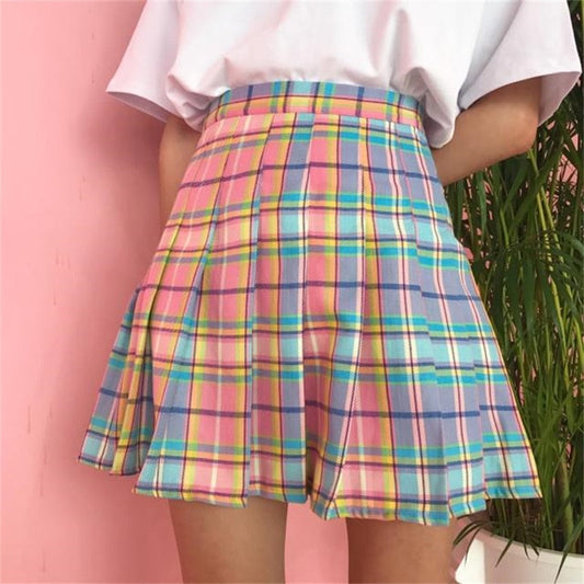 Kawaii Bright farverig plaid nederdel