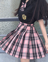 Black Pink Preppy Style Plaid Skirt