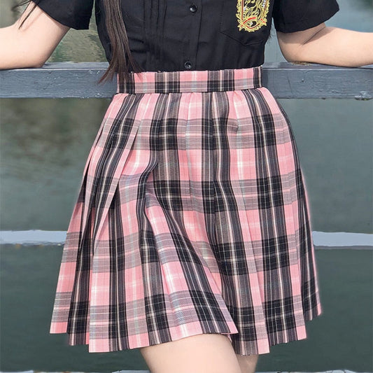 Black Pink Preppy Style Plaid Skirt