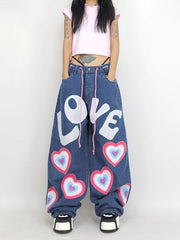 Jeans larghi con cuore per ragazza indie Y2K