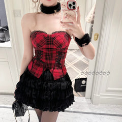 Creamy Sweet Chic Holiday Plaid Red Tube Top & Black Tutu Skirt & Jacket Three Piece Set