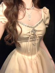 Lazy Girl Dreamy Rhinestone Cream Puff Sleeve Dress