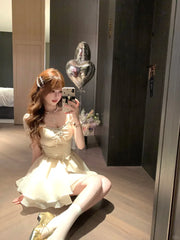 Lazy Girl Dreamy Rhinestone Cream Puff Sleeve Dress