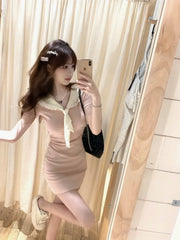 Lazy Girl Heartbeat Code Sailor Collar Pink Cream Bodycon Dress