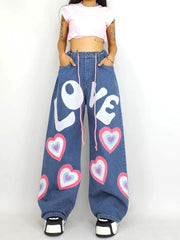 Jeans larghi con cuore per ragazza indie Y2K