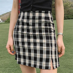 Vintage Plaid Side Split Mini Nederdel Sort