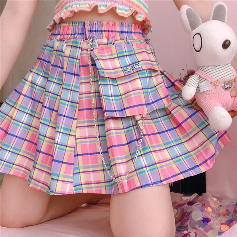 Kawaii Bright farverig plaid nederdel