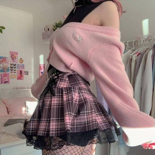 Dollette Goth Pink Plaid Pleated Skirt Lace Trim