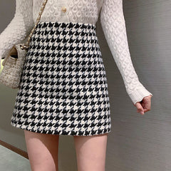 Retro Houndstooth Woolen Skirt