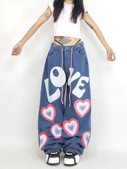 Jeans larghi con cuore per ragazza indie Y2K