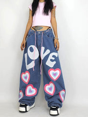 Jeans larghi con cuore per ragazza indie Y2K