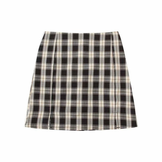 Koreansk split mini plaid nederdel med shorts