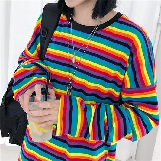 Bright Rainbow Striped Long Sleeves T Shirt