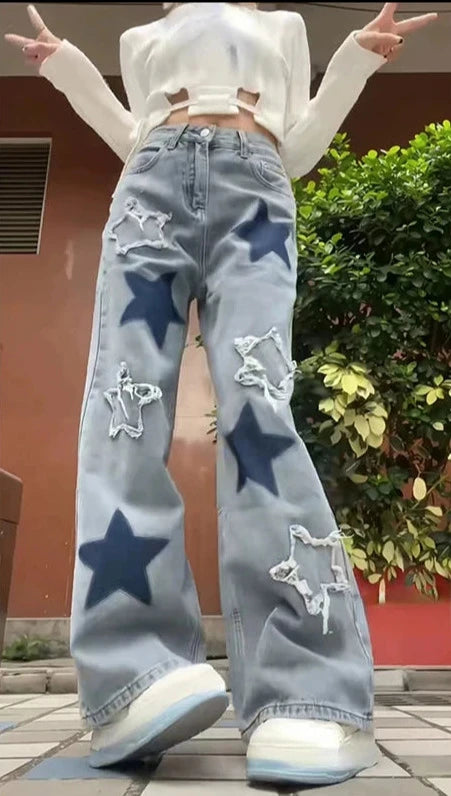 Y2K Baggy Blue Star Jeans Pants Kawaii Side