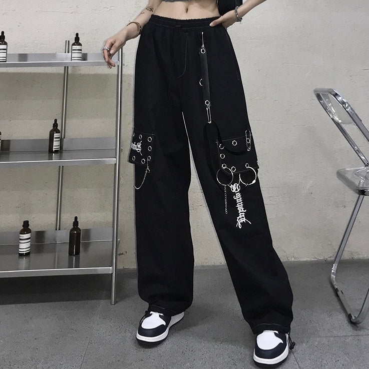 Black Chained Cargo Pants Kawaii Side