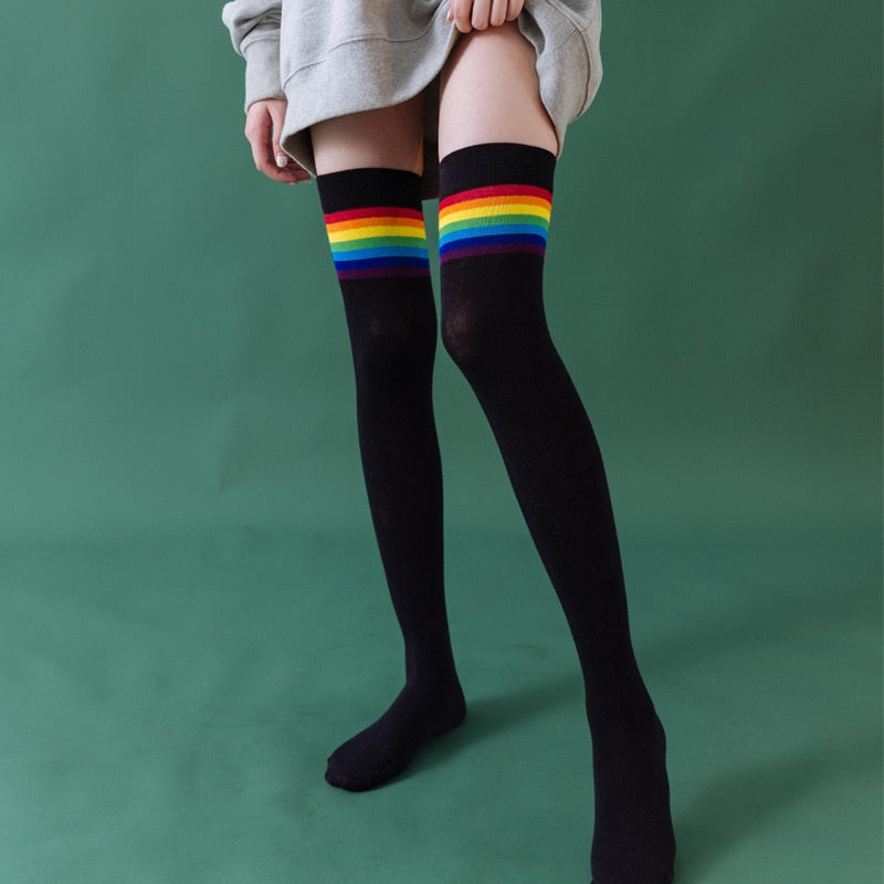 Rainbow Thigh High Tube Sokker - Sort