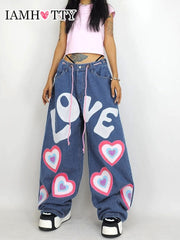 Jeans larghi con cuore per ragazza indie Y2K