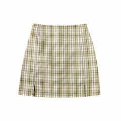 Koreansk split mini plaid nederdel med shorts