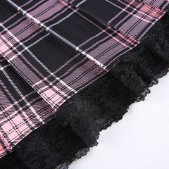 Dollette Goth Pink Plaid plisseret nederdel Blondekant