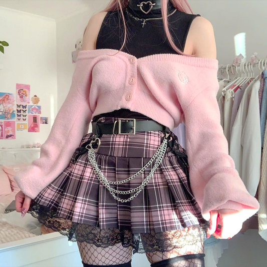 Dollette Goth Pink Plaid Pleated Skirt Lace Trim