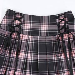 Dollette Goth Pink Plaid plisseret nederdel Blondekant