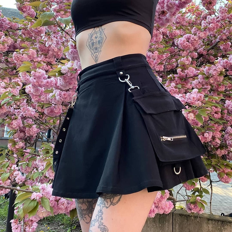 Gothic Black Skirt Cargo Pocket Kawaii Side