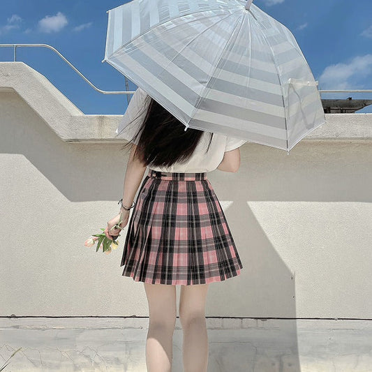 Black Pink Preppy Style Plaid Skirt