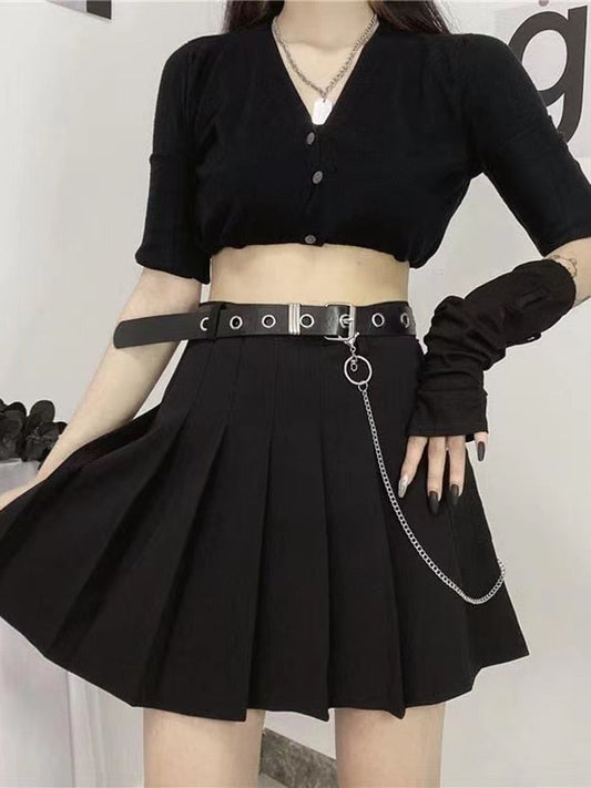 Simple Pleated Skirt with Belt Black