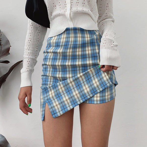 Korean Split Mini Plaid Skirt with Shorts