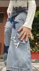 Jeans larghi con stella blu Y2K