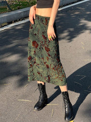 Fairy Grunge Green Floral Midi Skirt