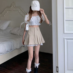 Korean Pleated Skirt Beige Lace Trim