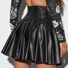 Dark Goth Egirl Faux Leather Pleated Skirt