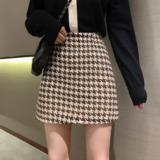 Retro Houndstooth Woolen Skirt