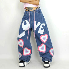 Jeans larghi con cuore per ragazza indie Y2K