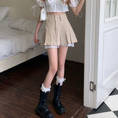 Korean Pleated Skirt Beige Lace Trim