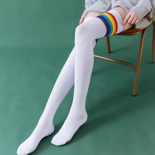 Rainbow Thigh High Tube Sokker - Hvide