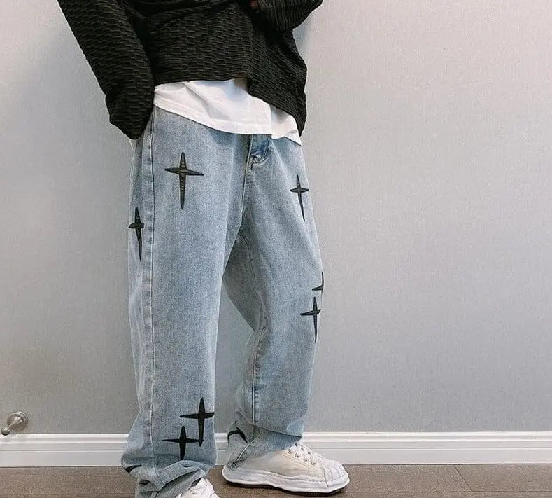 Baggy Pants with Embroidered Stars Y2K - Kawaii Side