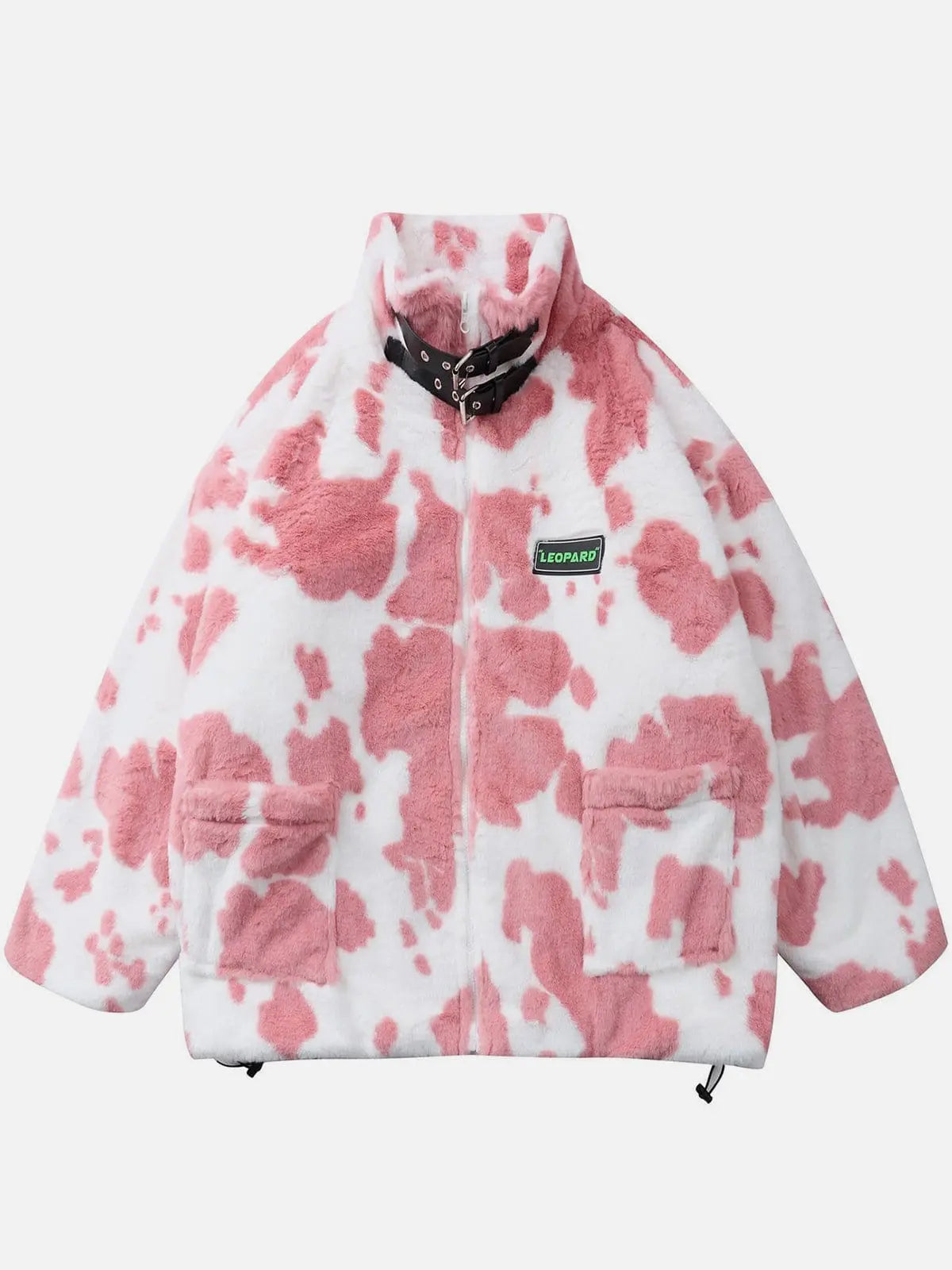 Cow Pattern Print Buckle Sherpa Winter Coat - Kawaii Side