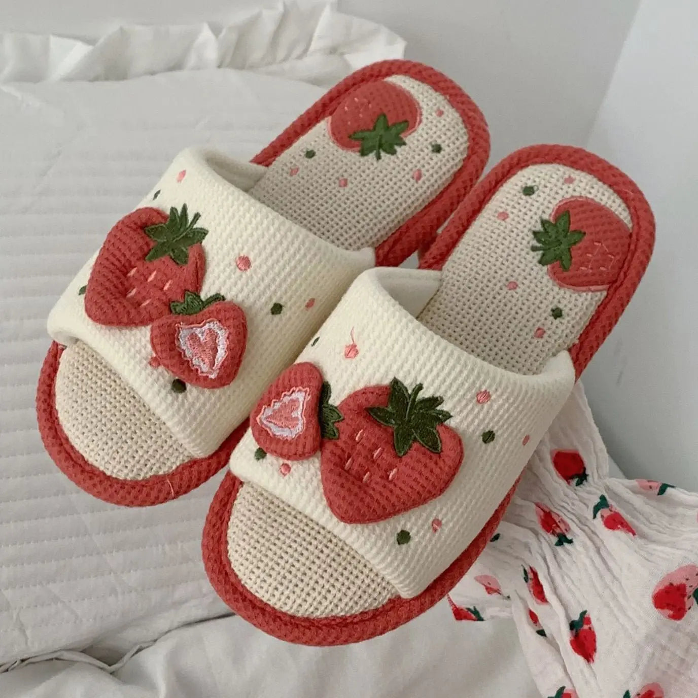 Cute Strawberry Linen Sandals - Kawaii Side