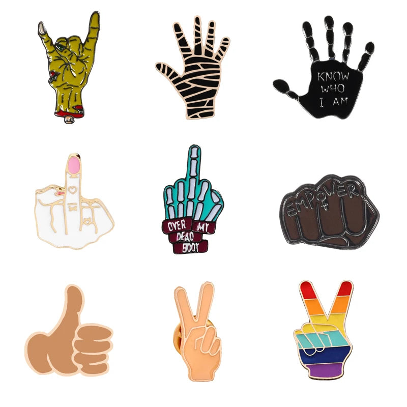 Punk Hand Metal Pins Brooches OK Yeah Good Rock Finger Signal Enamel Pin Badges Various Gestures Jewelry for Women Men Kids Gift Kawaii Side