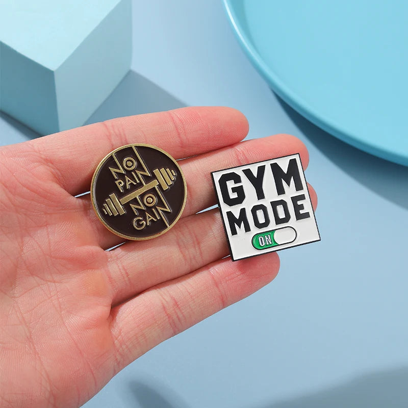 Gym Mooe Enamel Pins No Pain No Gain Excitation Encourage Brooches Lapel Clothes Backpack Hat Badge Sports Lover Jewelry Gifts Kawaii Side