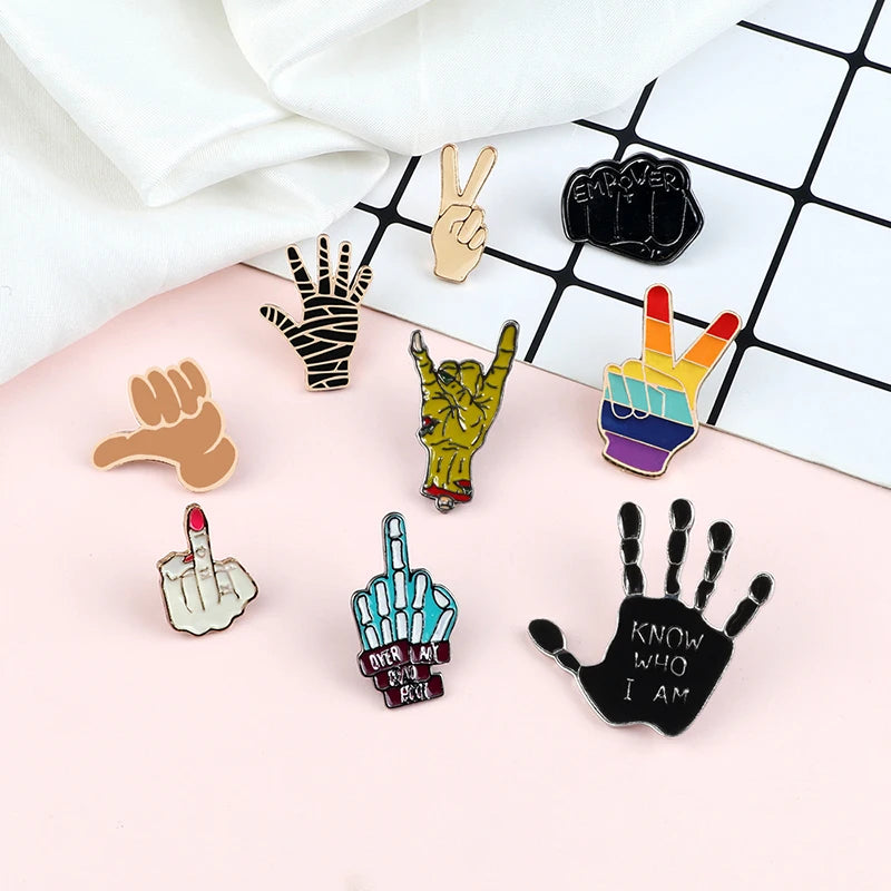 Punk Hand Metal Pins Brooches OK Yeah Good Rock Finger Signal Enamel Pin Badges Various Gestures Jewelry for Women Men Kids Gift Kawaii Side