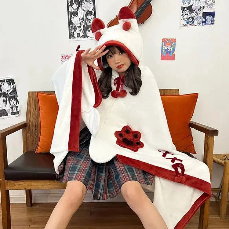 Kawaii Cartoon Fox Paw Plush Hooded Blanket - Kawaii Side