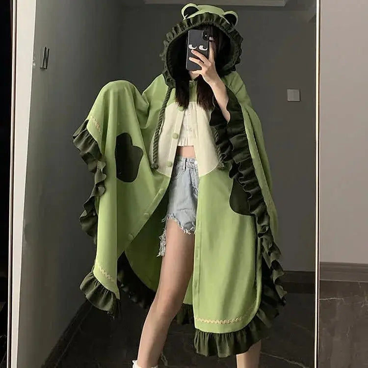 Kawaii Cartoon Frog Hooded Cloak Blanket - Kawaii Side