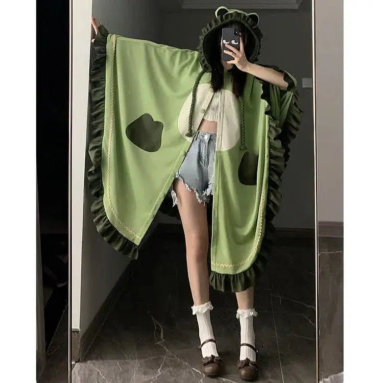 Kawaii Cartoon Frog Hooded Cloak Blanket - Kawaii Side