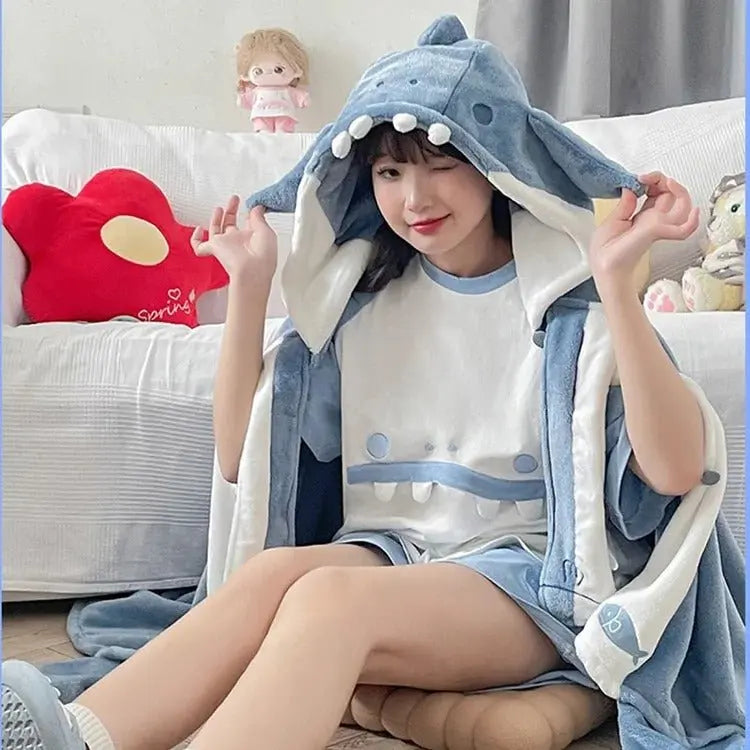 Kawaii Cartoon Shark Hooded Blanket - Kawaii Side